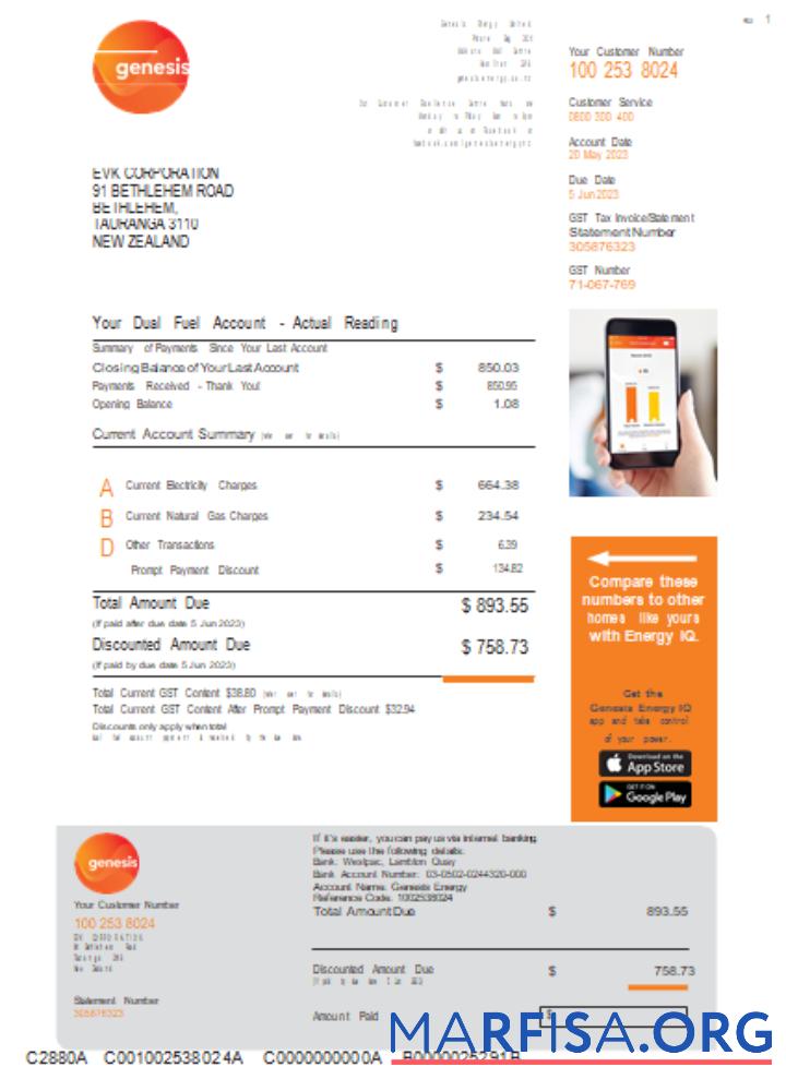 Realistic Genesis Gas utility business bill, Word and PDF template, page 1 SCR